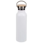 A white reusable water bottle with a wooden lid and stainless steel handle. The bottle has a simple, sleek design and is standing upright on a white background.