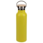 A bright yellow stainless steel water bottle with a wooden top and a metal handle. The design is sleek and minimalistic, suitable for everyday use. The bottles cylindrical shape stands on a white background.