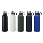 Five reusable water bottles with stainless steel caps and loop handles are lined up. The bottles are in different colors: black, white, green, dark blue, and bright blue.