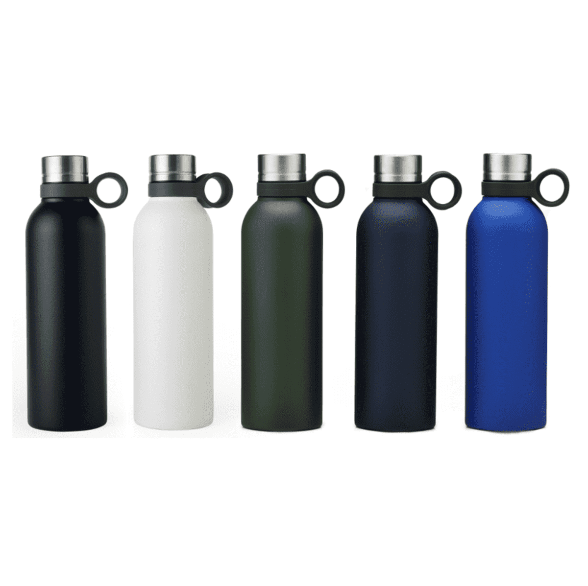 Five reusable water bottles with stainless steel caps and loop handles are lined up. The bottles are in different colors: black, white, green, dark blue, and bright blue.