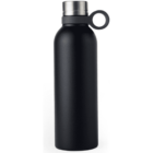 A sleek, black stainless steel water bottle with a silver cap and a circular loop handle on the side. The bottle has a minimalist design, suitable for carrying beverages on the go.