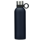 A sleek black insulated water bottle with a shiny silver cap and a black loop handle for easy carrying stands against a white background.