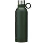 A dark green matte metal water bottle with a silver cap. The cap has a loop for easy carrying.