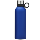 A blue reusable water bottle with a stainless steel lid and a black circular handle attached to the top.