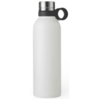 A white insulated water bottle with a shiny silver cap and a black rubber handle attached to the lid. The bottle is upright against a white background.