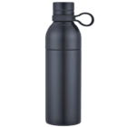 A black matte stainless steel water bottle with a screw-on cap and a loop handle. The bottle has a sleek, cylindrical design, suitable for carrying beverages. The loop on the cap allows for easy attachment to bags or belts.
