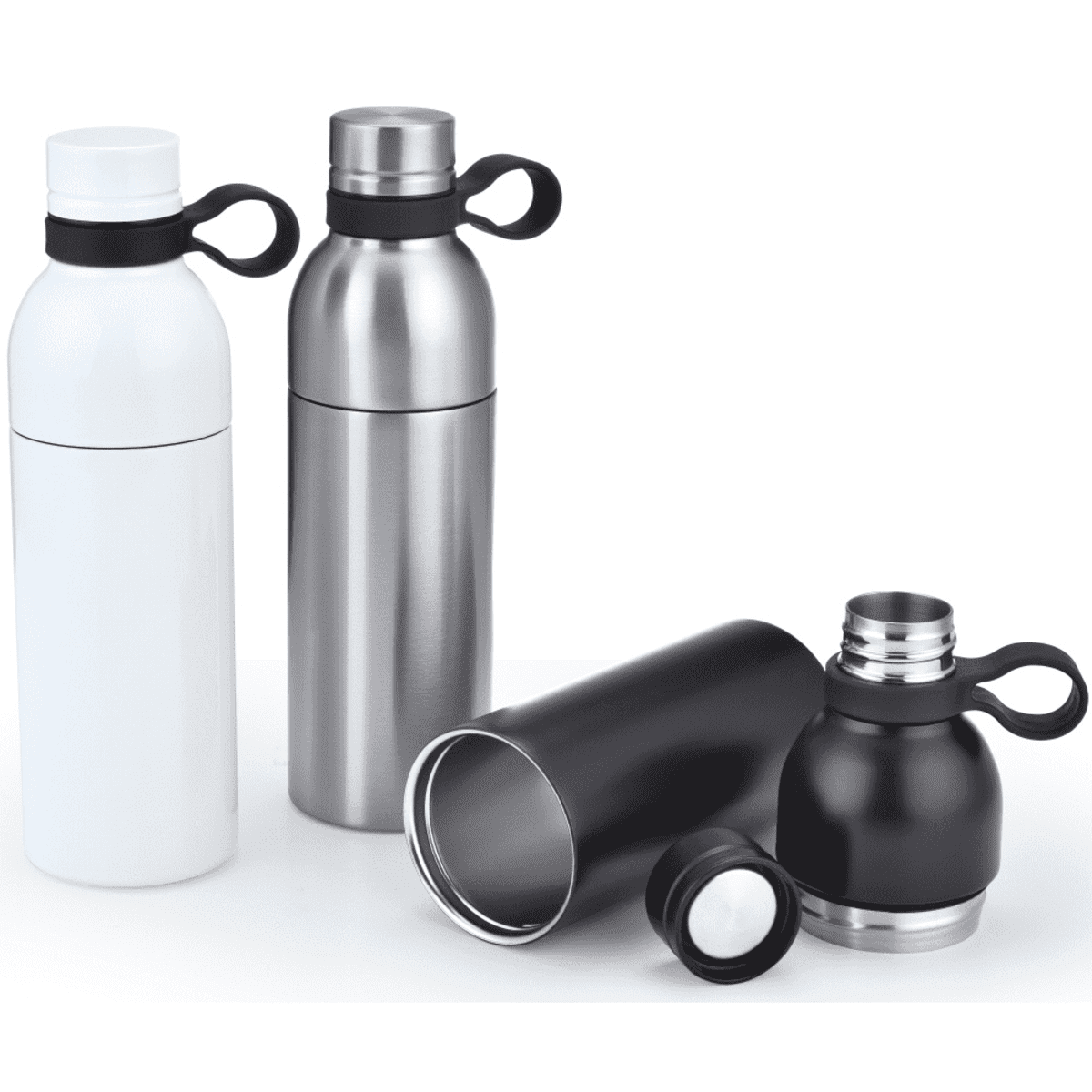 Three cylindrical bottles with removable lids; one white, one metallic, and one black. The black bottle is lying on its side with its lid off, showing the inner container. The white and metallic bottles are standing upright.