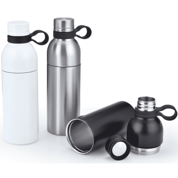 Three stainless steel bottles are arranged on a white surface. Two bottles stand upright, one white and one silver, each with a black lid and handle. A black bottle lies on its side, opened with its lid and cap nearby.