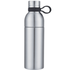 A sleek, metallic stainless steel water bottle with a black loop cap, standing upright against a white background.