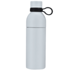 A sleek, white water bottle with a black rubber loop attached to the cap. The bottle has a smooth, cylindrical shape and a detachable top section.