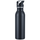A sleek black metal water bottle with a screw-on cap and a white carrying loop attached to the lid. The bottle has a smooth, matte finish, and a slightly curved body shape for easy gripping.