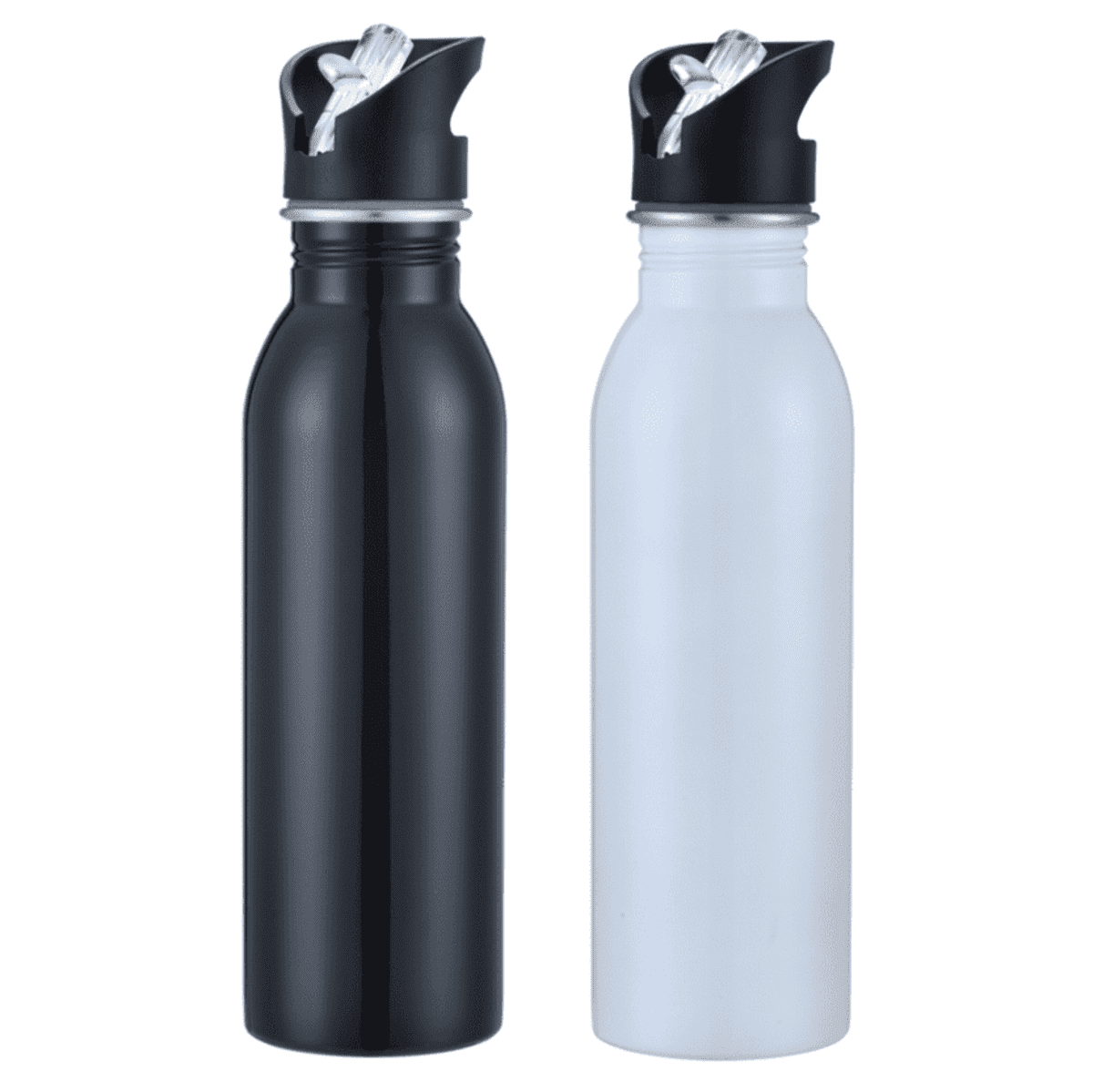 Two stainless steel water bottles side by side on a white background. The bottle on the left is black, and the bottle on the right is white. Both have black lids with silver carrying handles.