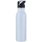 A silver stainless steel water bottle with a black plastic lid and a transparent straw is shown. The bottle has a simple, sleek design and is standing upright against a plain white background.