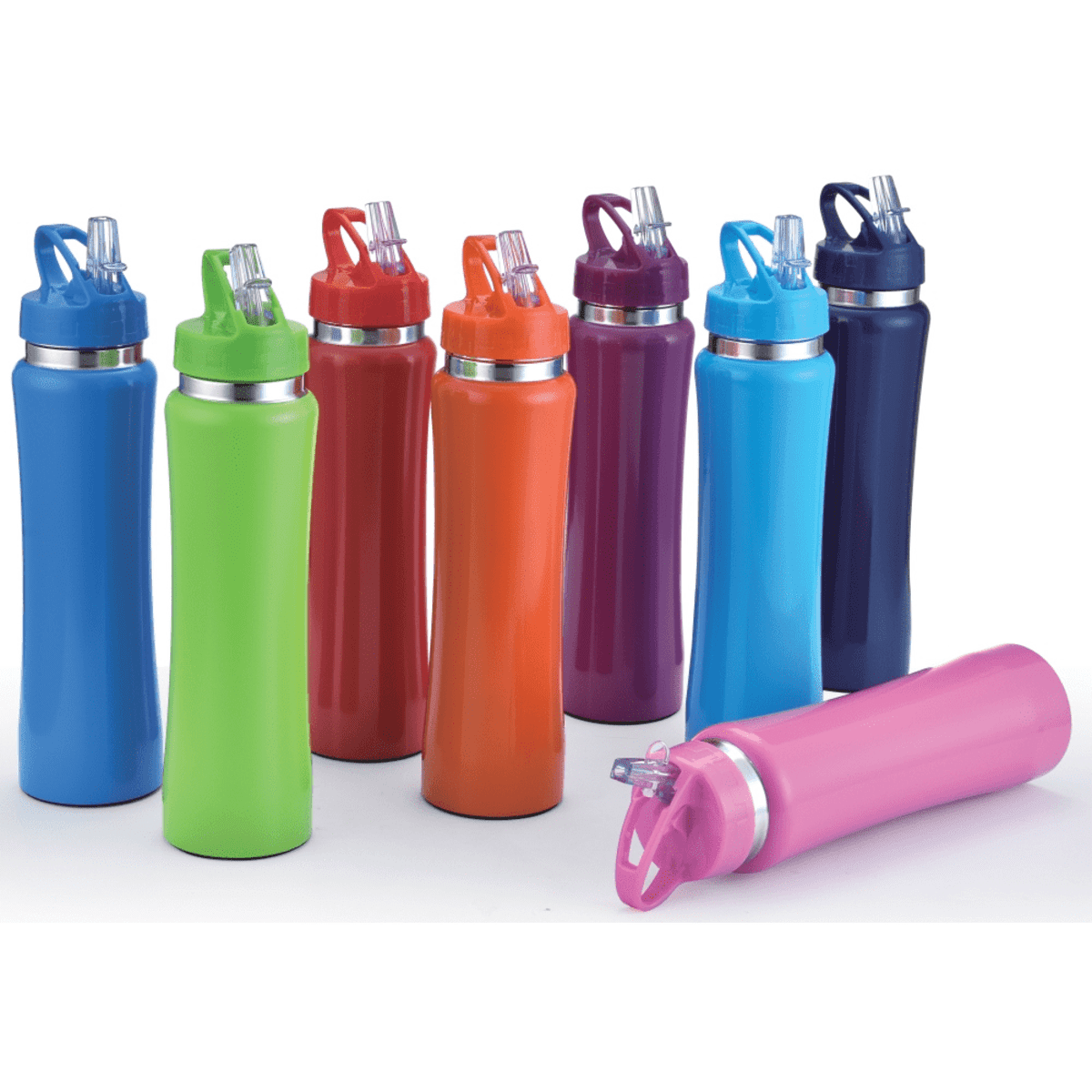 A group of eight colorful water bottles standing upright on a white surface. The colors include green, yellow, red, orange, blue, purple, and dark blue. A pink bottle lies on its side in the foreground. Each has a flip-top lid and straw.