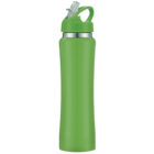 A green water bottle with a flip-top lid and a built-in straw, standing upright against a plain white background.