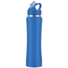 A tall blue water bottle with a curved shape, featuring a flip-up straw lid and a carrying handle on top.
