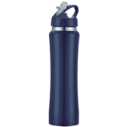 A tall, navy blue stainless steel water bottle with a flip-top lid and a built-in straw. The bottle has a sleek, contoured shape for easy holding.