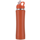 A tall, orange reusable water bottle with a flip-top lid and built-in straw stands upright against a white background.