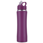Purple reusable water bottle with a flip-top lid and built-in straw, standing upright.