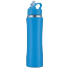 Blue stainless steel water bottle with a silver accent near the lid. The lid has a built-in straw and a carrying loop. The bottle features a sleek, cylindrical design.