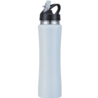 A silver stainless steel water bottle with a black lid. The lid features a transparent straw and a convenient handle for carrying. The bottle has a sleek, smooth surface and a narrow, ergonomic shape.