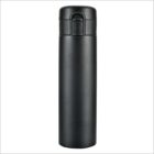 A sleek black thermos flask with a matte finish. It has a flip-top lid and a compact design, suitable for travel or carrying in a bag. The lid features a latch for secure closure, ensuring the contents stay warm or cold.