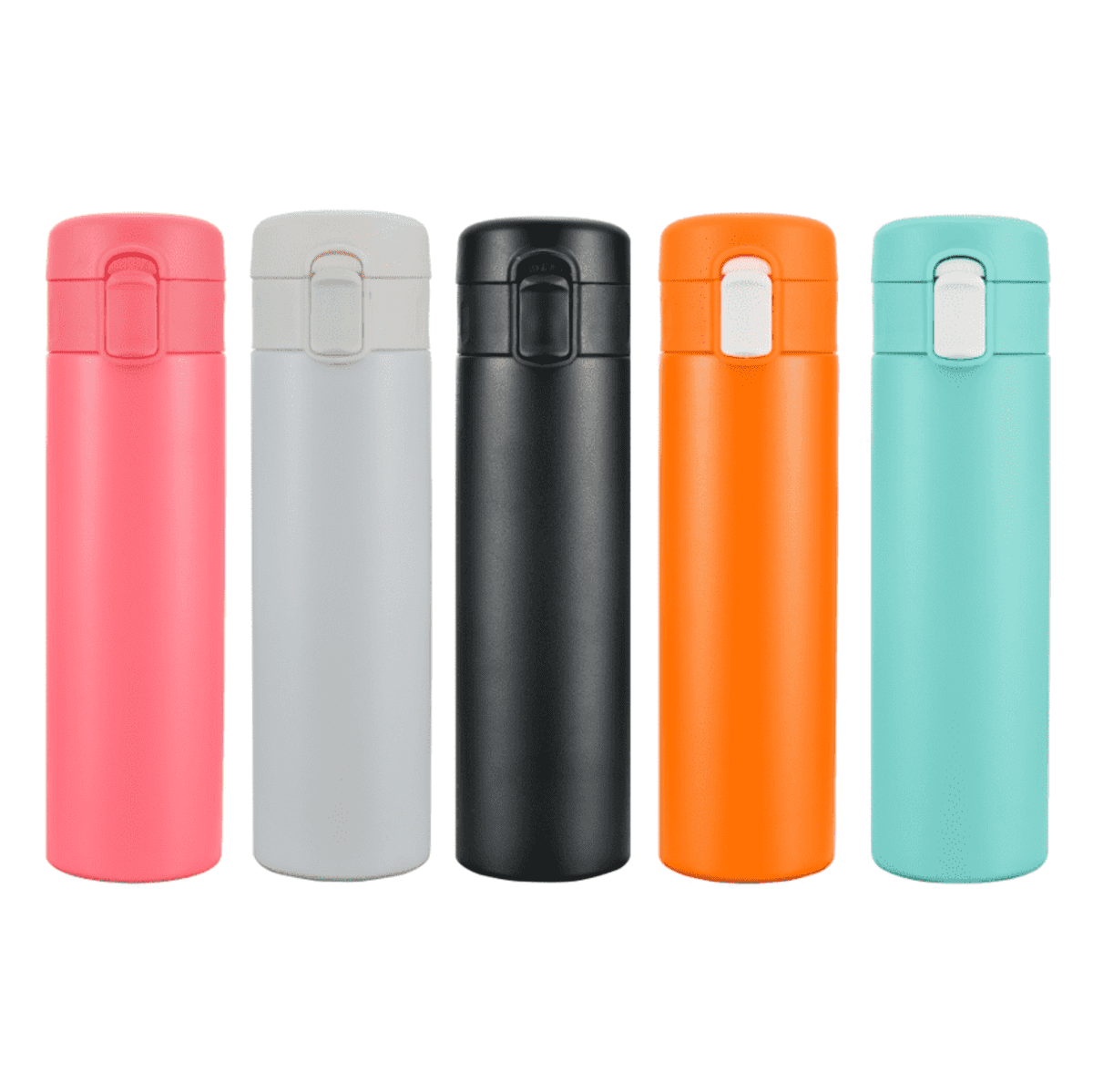 Five insulated travel mugs are lined up in a row against a white background. The mugs are in different colors: pink, light gray, black, orange, and teal. Each mug has a secure flip-top lid.