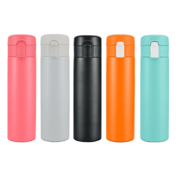 Five insulated travel mugs in a row. From left to right, they are pink, light gray, black, orange, and teal. Each mug has a flip-top lid. The background is white.
