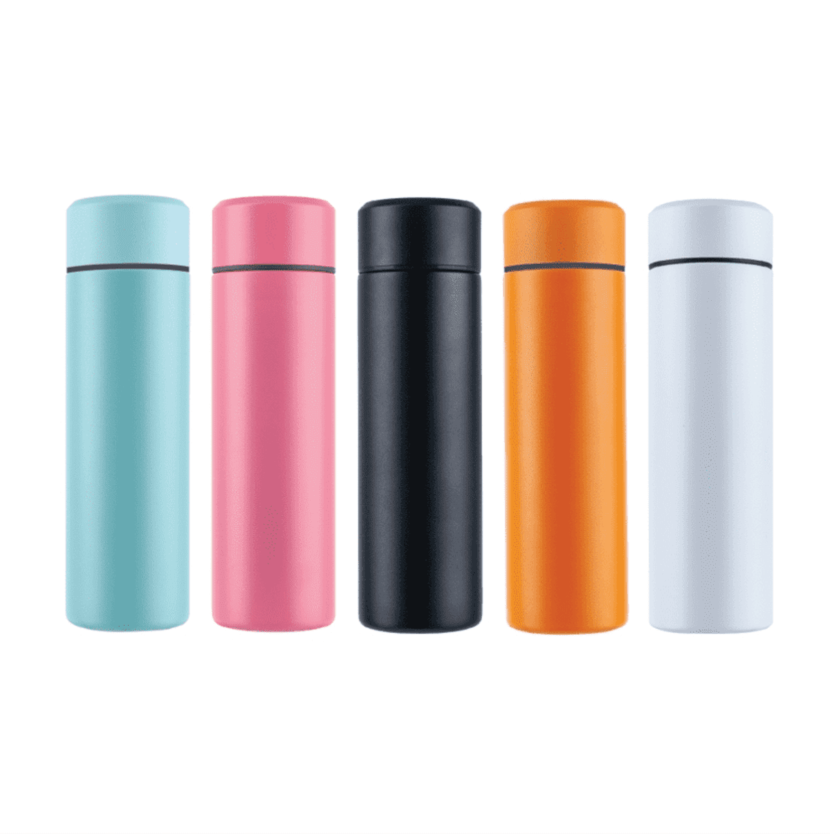 Five colorful cylindrical thermos bottles in a row, featuring pastel blue, pink, black, orange, and white colors, each with a minimalist design and a subtle cap.