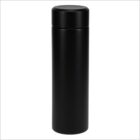 A sleek, cylindrical black thermal flask with a smooth, matte finish is standing upright against a plain white background. The flask has a rounded, secure cap, emphasizing its minimalist design.
