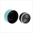 Two detachable parts of a thermos lid. The larger piece is turquoise with a black interior. The smaller piece, black and gray, features a perforated, circular drainage design. Both parts are designed to screw together.
