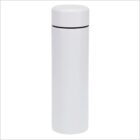 A plain white cylindrical tumbler with a sleek design and a black rim near the top. The surface is smooth, and the lid is securely attached, making it suitable for carrying beverages.
