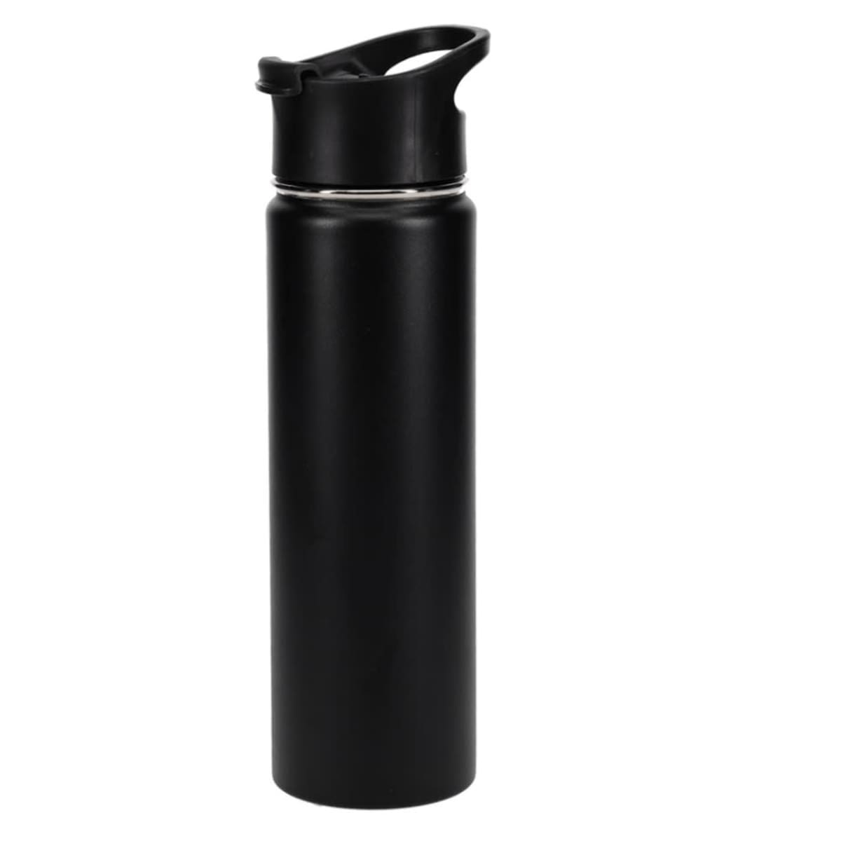 A sleek, black, stainless steel water bottle with a flip-top lid is standing upright against a white background. The bottle has a smooth, matte finish and a simple, modern design.
