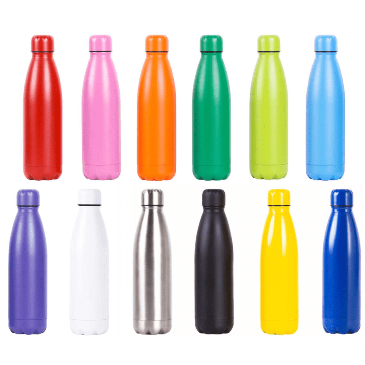 A collection of twelve reusable water bottles arranged in four rows. The bottles are in various colors: red, pink, orange, green, light green, purple, white, silver, black, yellow, dark blue, and light blue.
