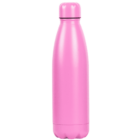 A pink, stainless steel water bottle with a smooth, shiny finish and a rounded cap. The bottle has a sleek, cylindrical design, standing upright against a white background.