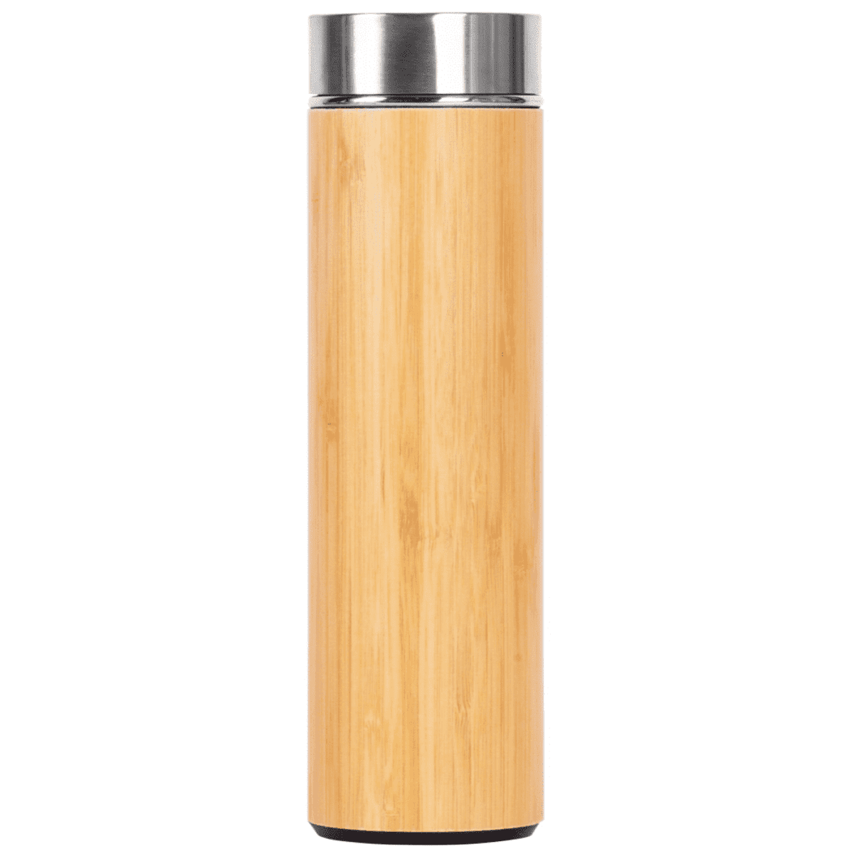 A tall bamboo travel mug with a stainless steel lid, set against a white background. The mug has a smooth, natural wood finish and a cylindrical shape.
