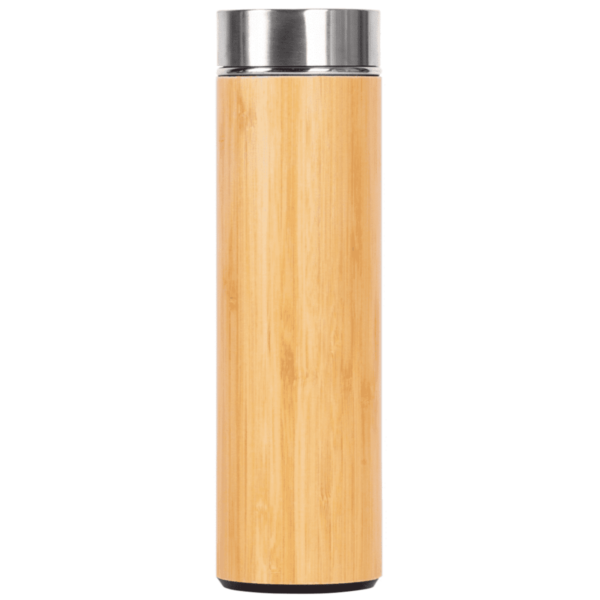 A tall, cylindrical bamboo travel tumbler with a silver stainless steel lid, standing upright against a plain white background.