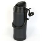 Black insulated water bottle with a handle and flip-top lid, on a white background.
