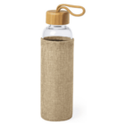 Glass water bottle with a wooden lid, rope handle, and a burlap-style sleeve.