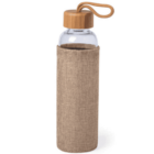 Glass water bottle with a wooden cap and a brown fabric sleeve, loop handle on top.