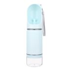 A portable pet water bottle with a light blue design, featuring a trough-like cap for easy drinking. The bottle includes a detachable, transparent bottom section and a wrist strap for convenient carrying.