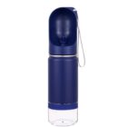 A portable pet water bottle with a navy blue top and clear bottom. It has a flip-top lid with a spout for dispensing water and a wrist strap for easy carrying.