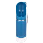 A portable blue dog water bottle featuring a built-in drinking trough and transparent base. It has a wrist strap attached for easy carrying.