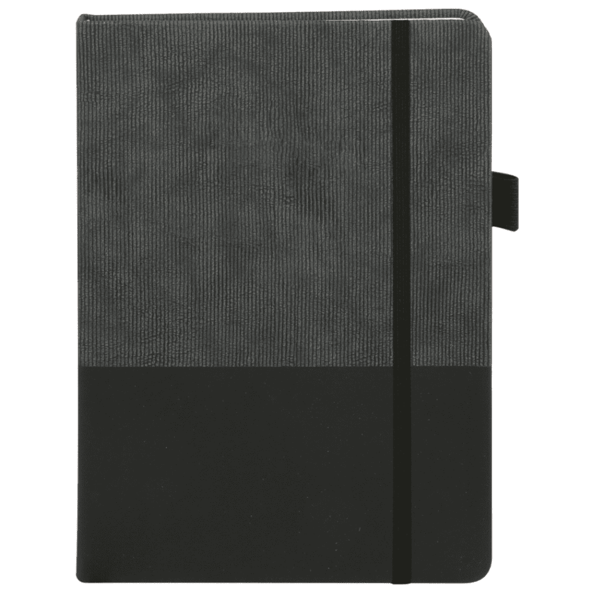 A closed gray and black notebook with a textured surface, featuring a horizontal dividing line between the two colors. It has a black elastic band for closure and a small loop on the right side, likely for holding a pen.