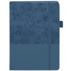 A closed blue fabric notebook with a textured cover and a vertical elastic band on the right. The notebook includes a pen holder on the side.