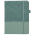 A green hardcover notebook with a textured top half and smooth bottom half, featuring an elastic band for closure and a loop for a pen on the side.