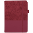 A red notebook with a textured upper half and smooth lower half. It features an elastic band for closure and a pen loop on the right side.