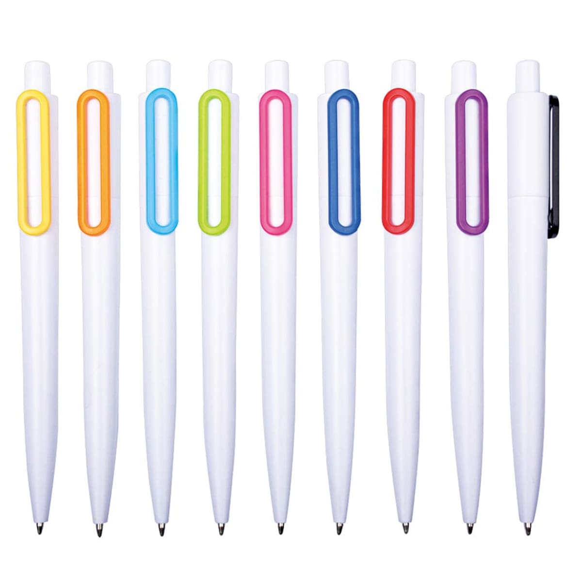 A row of nine white pens with colored clips in a variety of hues, including yellow, orange, blue, green, pink, red, and purple, on a plain white background. The pens are evenly spaced and aligned vertically.
