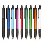 A row of eight metallic stylus pens with black tips and clips. The pens are colored in black, blue, pink, red, green, orange, gold, and silver from left to right.