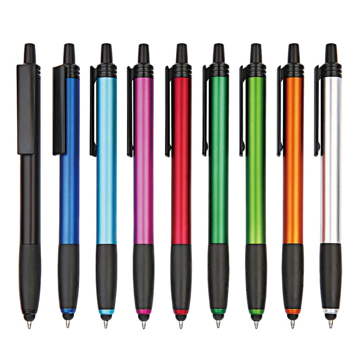 A row of eight metallic stylus pens with black tips and clips. The pens are colored in black, blue, pink, red, green, orange, gold, and silver from left to right.